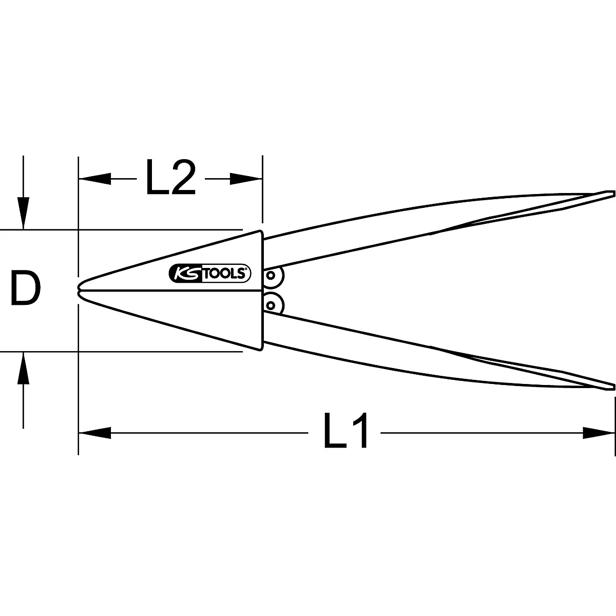 Drahtzange mit Massangaben, Herstellerlogo. Die Zange ist offen dargestellt mit den Bemassungen L1, L2 und D.